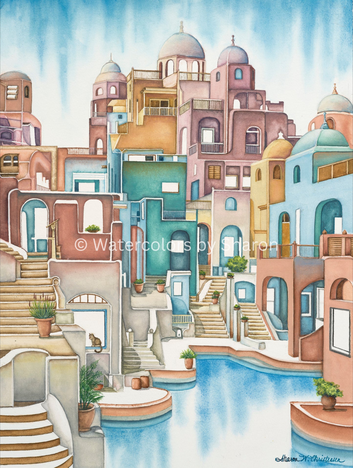 Santorini, Greece 2 Watercolor Art Print