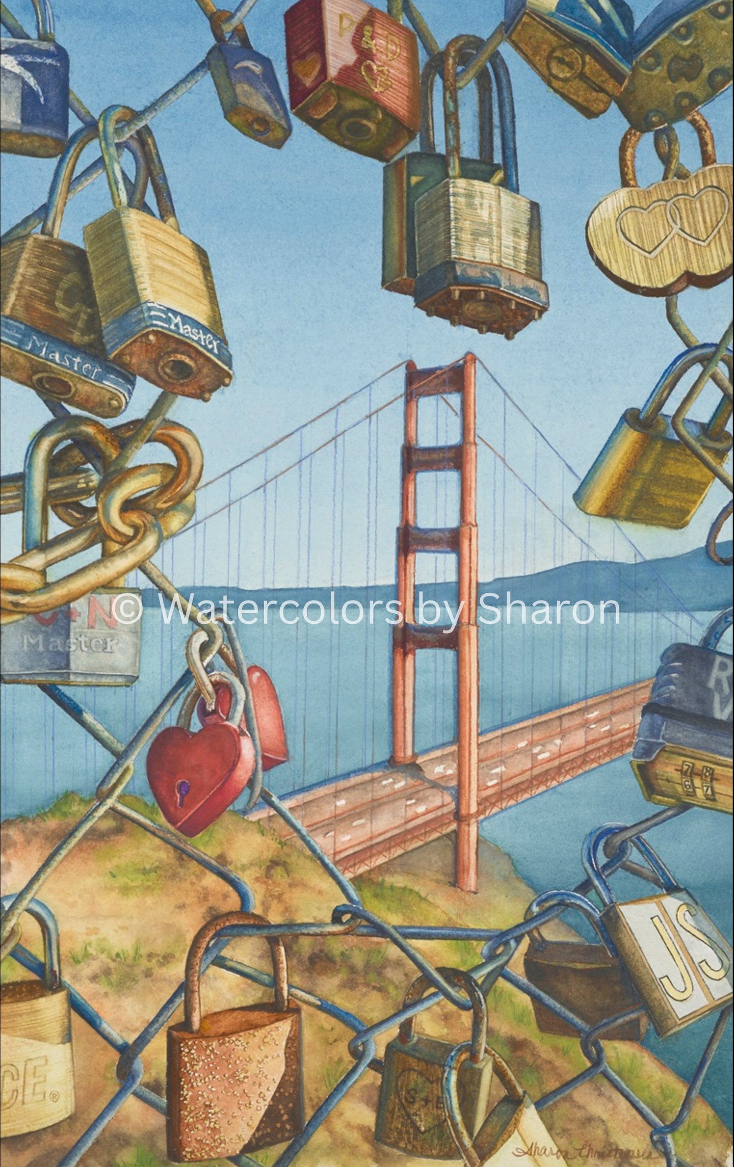 Love Locks on San Francisco Bridge Watercolor Art Print